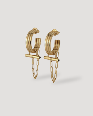 Modern gold ADIRA Rod Hoop Earrings by CVLCHA featuring a sculptural hoop, polished rod detail and signature chain drop.
