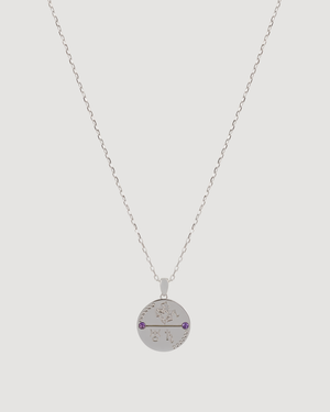 Product focus shot Cvlcha Aquarius Zodiac Silver Necklace on a light gray background