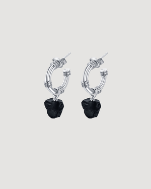 Modern silver hoop earrings featuring natural black onyx gemstones suspended from textured hoops, designed for everyday wear by CVLCHA.