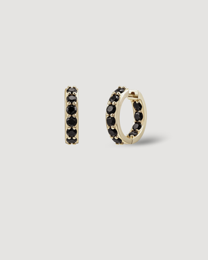 CLIO Black Crystal Hoop Earrings featuring black cubic zirconia in polished sterling silver with 14K gold or rhodium plating by CVLCHA.