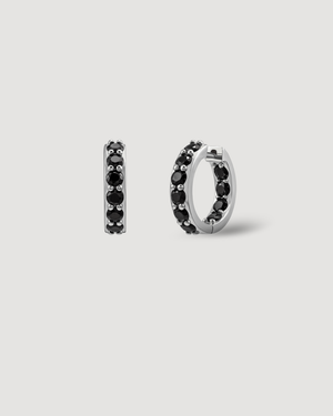 CLIO Black Crystal Hoop Earrings featuring black cubic zirconia in polished sterling silver with 14K gold or rhodium plating by CVLCHA.