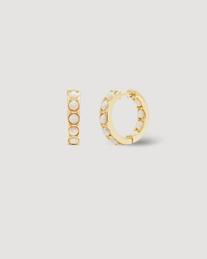 CLIO Opal Hoop Gold Earrings featuring luminous opal stones set in polished sterling silver with 14K gold or rhodium plating by CVLCHA.