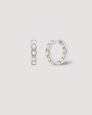 Silver CLIO Opal Hoop Earrings featuring luminous opal stones set in polished sterling silver with 14K gold or rhodium plating by CVLCHA.