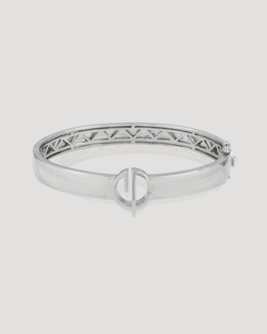 Signature CVLCHA designer silver bangle bracelet in 14k gold plated sterling silver featuring engraved detailing and iconic symbol.