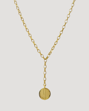 Cvlcha Y-Drop Gold Signature necklace with a round pendant on a light gray background