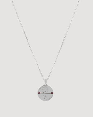 Cvlcha Capricorn Zodiac Silver Necklace  with a round pendant on a light grey background