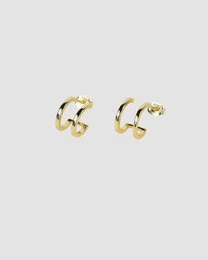 Double Hoop Huggie Gold Earrings in 14k gold plated sterling silver featuring a modern layered hoop design with a polished finish.