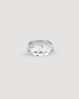 Product shot of The LUMINA Ring featuring a striking marquise-cut stone 5A Clear colour cubic zirconia 