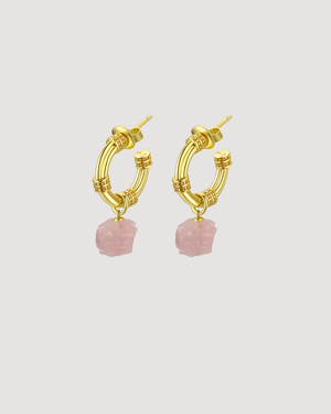 Modern gold hoop earrings featuring natural rose quartz gemstones suspended from textured hoops, designed for everyday wear by CVLCHA.