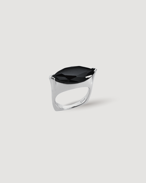 Cvlcha stunning Selene Statement Silver ring with a striking marquise cut 5A black colour zirconia  on a light grey background