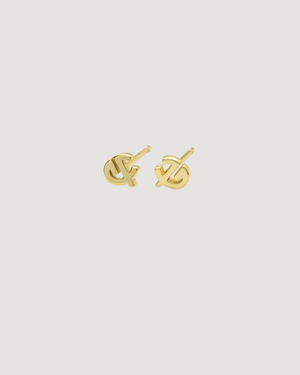 Signature CVLCHA golden logo stud earrings in 14k gold plated sterling silver with a polished finish on a neutral background.