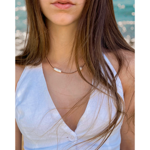 leather cord necklace with two freshwater pearls. CVLCHA