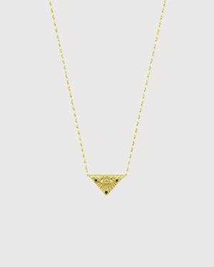 Australian designer modern version of the Talismans , Gold triangle evil eye pendant with protect your peace engrave at the back of pendant ,necklace on a light gray background