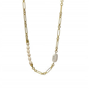 A gold freshwater pearl necklace with a link chain.